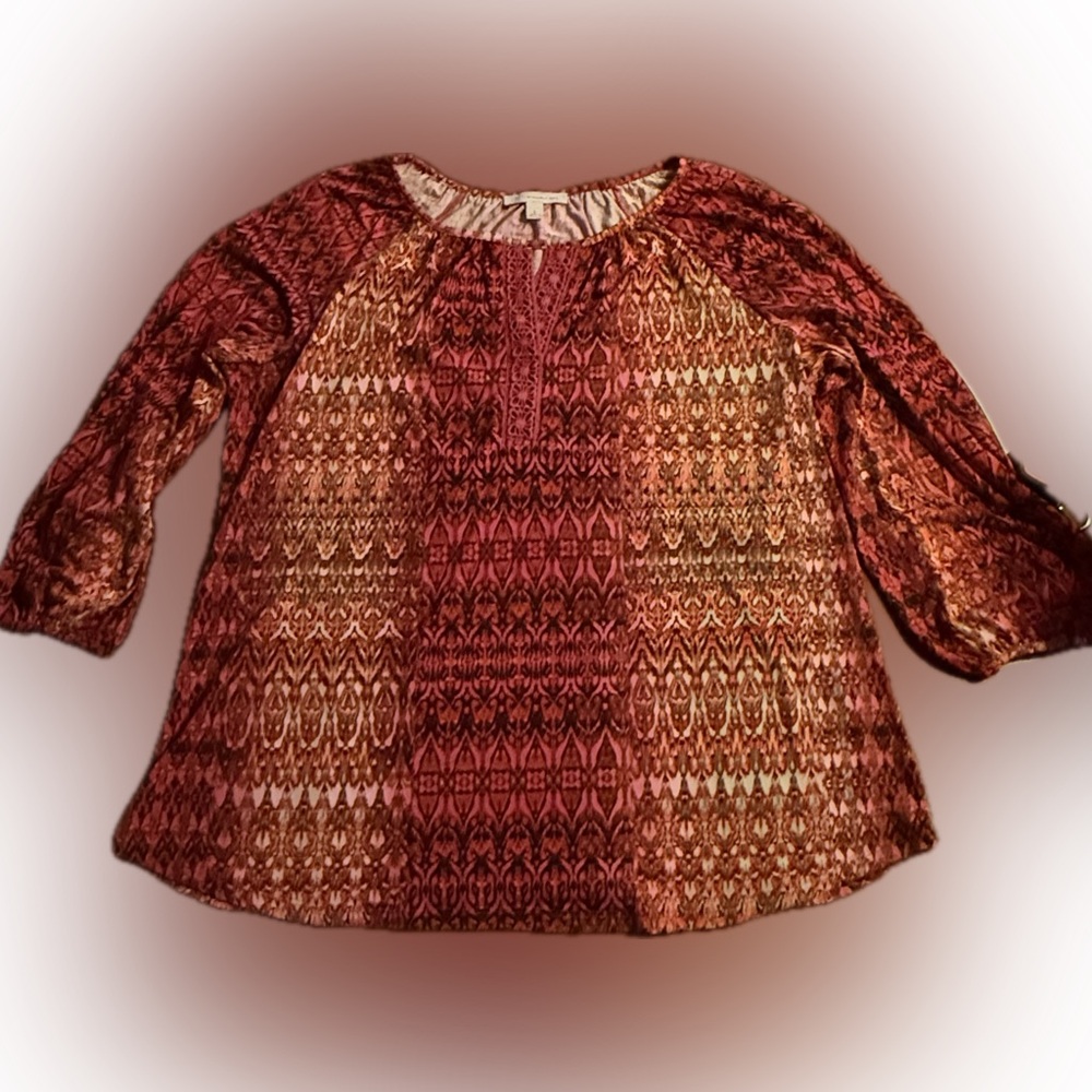 Dressbarn Women's Patterned Top - Red, hot pink, black, and beige, Large